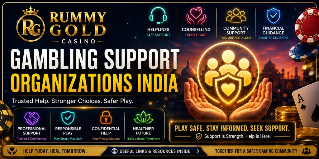 Rummy Gold Casino banner for Gambling Support Organizations India with support icons, helping hands, and responsible play message.