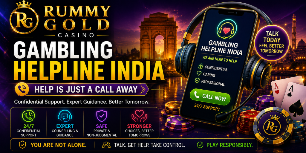 Rummy Gold Casino Gambling Helpline India banner featuring 24/7 confidential support, expert counselling, safe gambling guidance, helpline assistance, smartphone contact interface, and responsible gaming resources for Indian players.